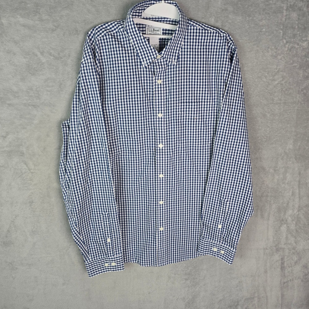 LL Bean Mens Navy Blue Gingham‎ Wrinkle Free Slim Fit Button Down Shirt L-REG